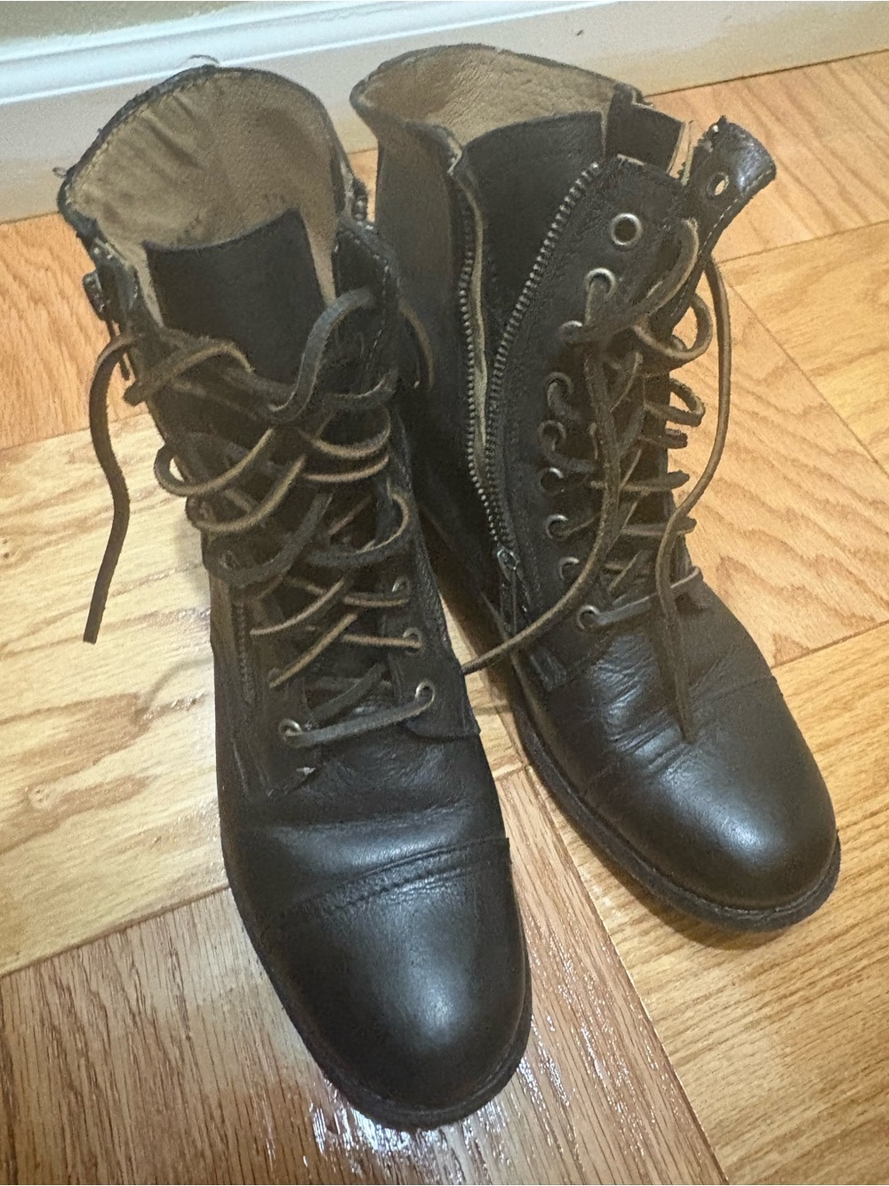 Frye Black Leather Lace-Up Combat Boots with Side Zipper